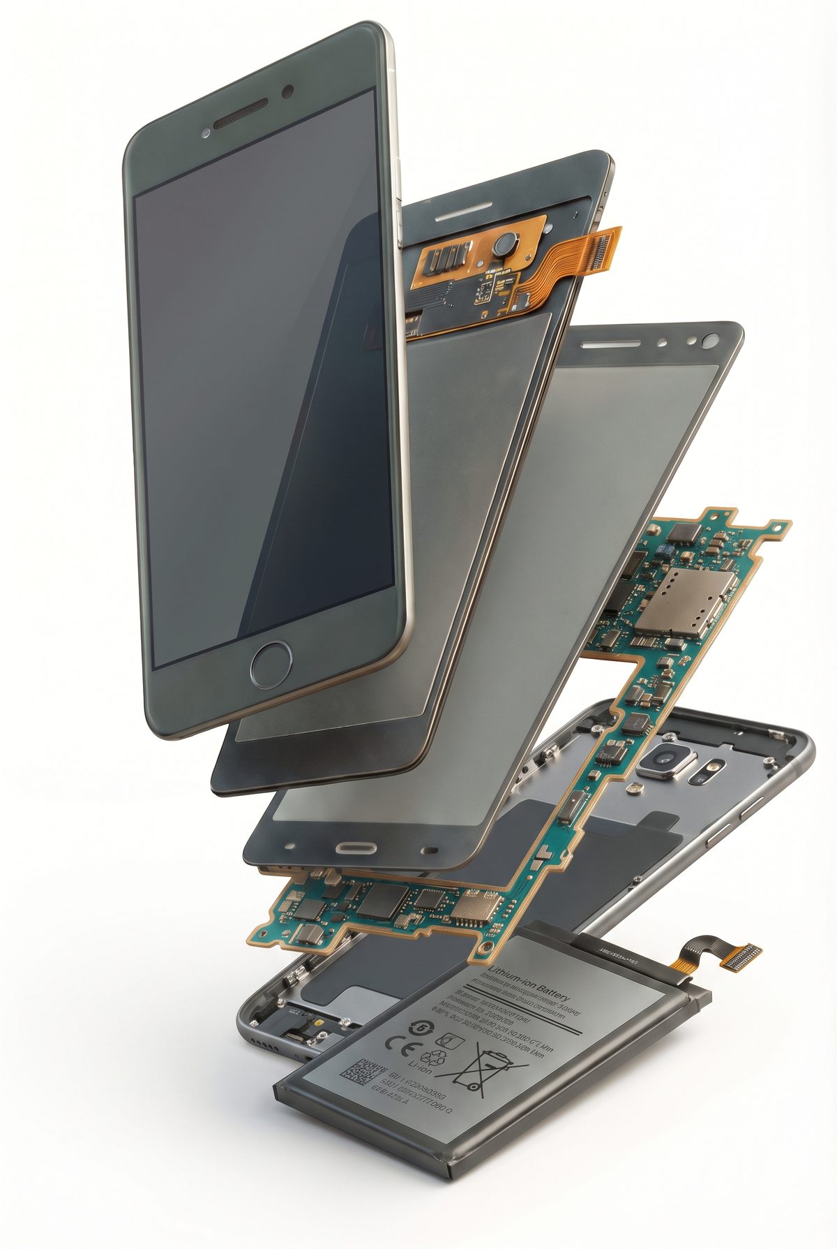 Exploded view of a smartphone: display, camera, circuit board, casing and battery